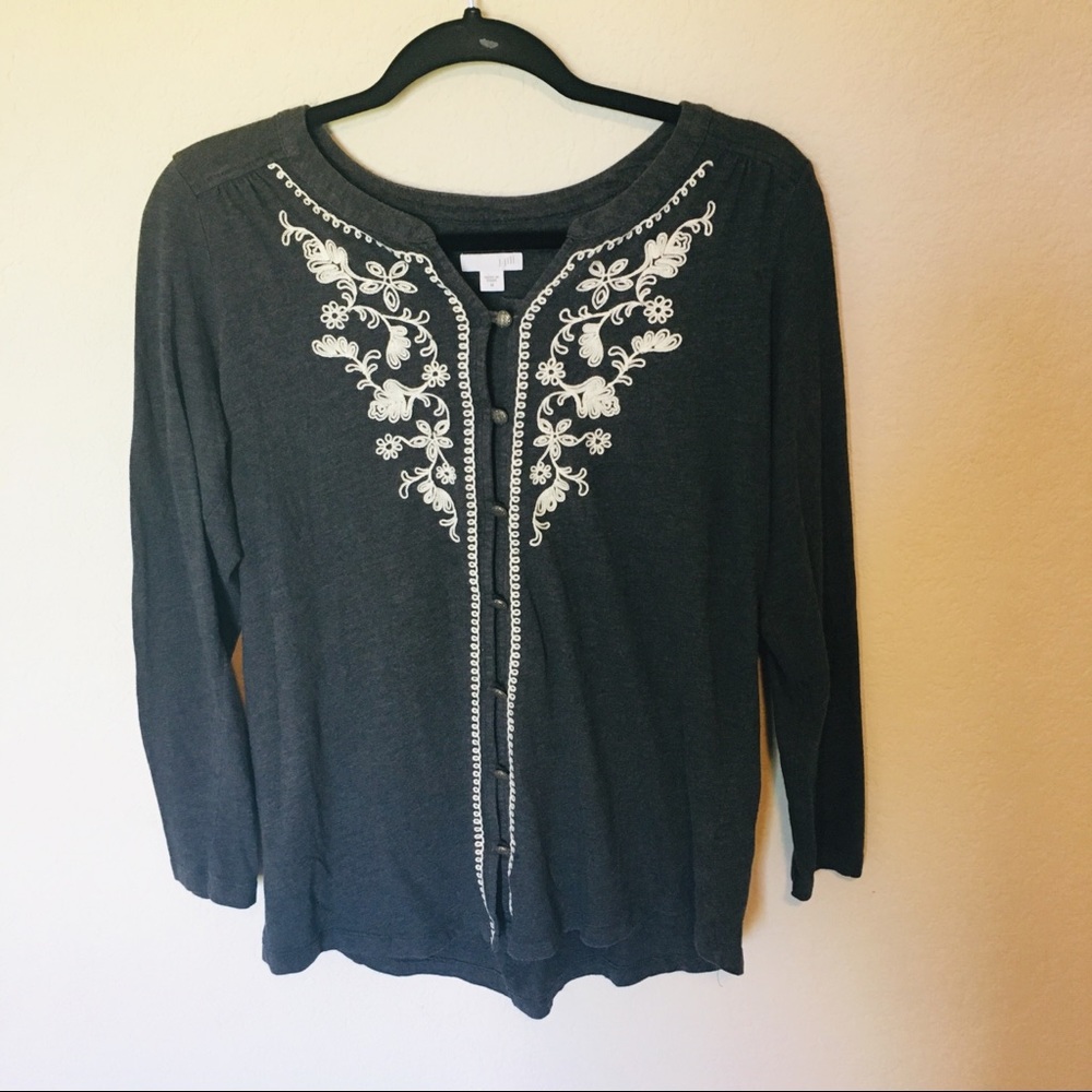 J.Jill Embroidered Grey and White Cardigan size M